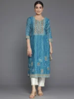 Blue Embellished Chanderi Silk Straight Kurta - Image 2