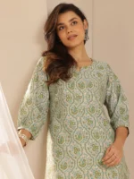 Green Printed Silk Straight Kurta - Image 4
