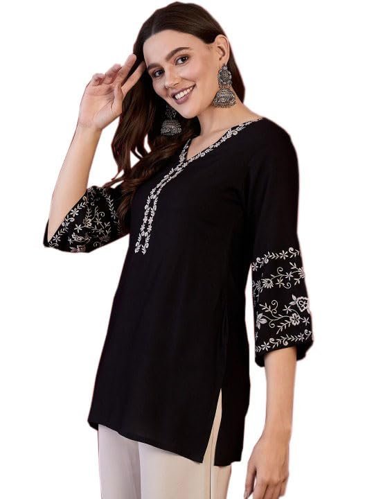 417aCFXarKL.jpg Short Kurti for Women | Indian Women's Tunics Tops | Rayon Top with 3/4 Designer Sleeves | Kurta Shirt Top for Ladies - Image 1