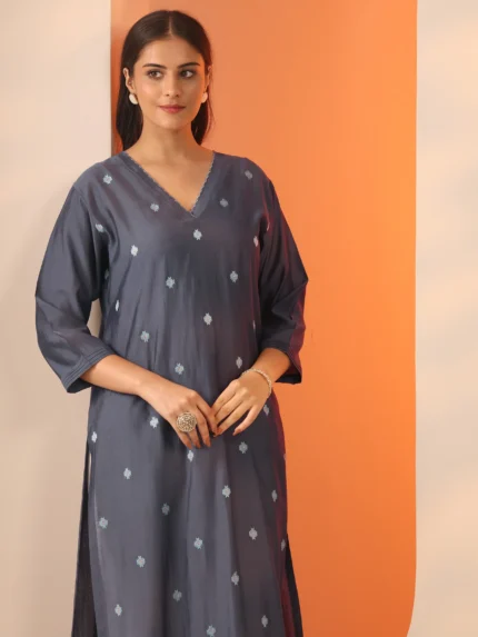 Grey Embroidered Silk Blend Straight Kurta