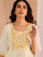 Off White Yoke Design Cotton A-Line Kurta - Image 2